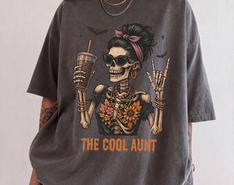 Cooles Tante-Halloween-Shirt, Skelett-Tante-Shirt, gruseliges Tante-T-Shirt von Comfort Colors, lustiges Halloween-Shirt für Damen, Retro-Herbst-Grafik-T-Shirt