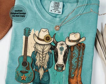 Retro cowgirl-T-shirt: western-turkoois T-shirt cowboylaarzen