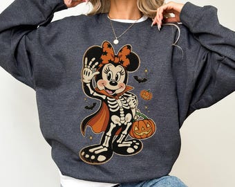 Minnie Mouse Halloween Shirt, Skeleton Minnie Sweatshirt, Spooky Pumpkin Hoodie, Halloween Crewneck, Cute Fall Gift, Minnie Halloween Gift
