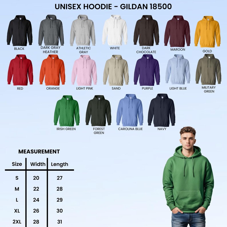 Op de afbeelding: Een display van Gildan 18500 unisex hoodies in diverse kleuren, waaronder zwart, rood en groen. De afbeelding toont ook een maattabel met afmetingen in cm voor breedte en lengte, vari&euml;rend van maat S tot 2XL.