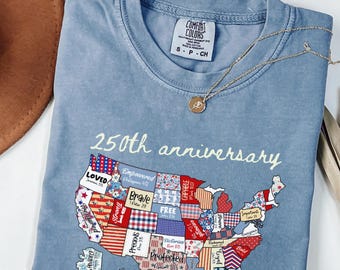 250th America Anniversary Shirt, Faux Patchwork USA Map Tee, Printed Patchwork Design Comfort Colors T-Shirt, Semiquincentennial 4th of July