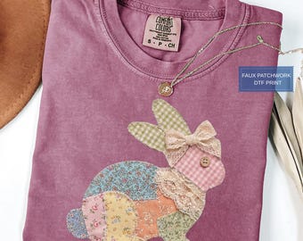 Comfort Colors Easter Bunny Shirt, Floral Faux Patchwork Print T-Shirt