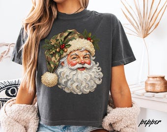Camo Santa Shirt, Vintage Christmas Comfort Colors Tee, Hunting Santa T Shirt, Country Christmas Shirt, Outdoorsman Christmas Gift