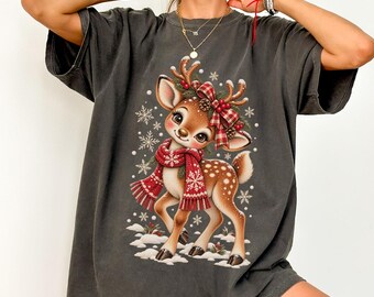 Cute Christmas Reindeer Shirt, Comfort Colors Christmas Tee, Vintage Deer T Shirt, Coquette Reindeer Shirt, Winter Holiday Graphic Tee