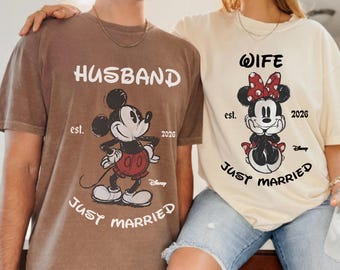 Custom Just Married Disney Shirt, Wife Husband Matching Shirts Comfort Colors®, Just Married Gifts, Disney Honeymoon Gifts, Newlywed Shirts