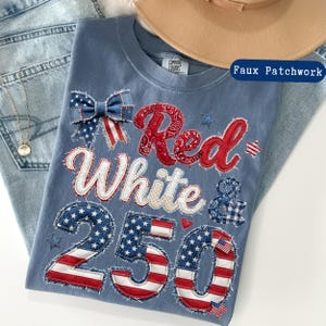 America 250 Shirt, Red White & 250 Faux Patchwork Tee, Semiquincentennial Patriotic Bow Shirt, Women's 4th of July Tee
