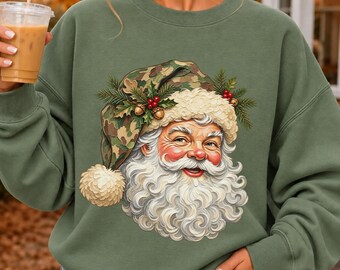 Camo Santa Sweatshirt, Vintage Christmas Shirt, Hunting Santa Hoodie, Country Christmas Sweater, Outdoorsman Christmas Gift