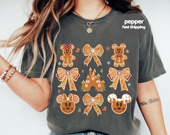 Vintage Disney Gingerbread Coquette Bow Christmas Shirt, Mickey And Minnie Gingerbread Tshirt, Mickey Very Merry Christmas Sweatshirt