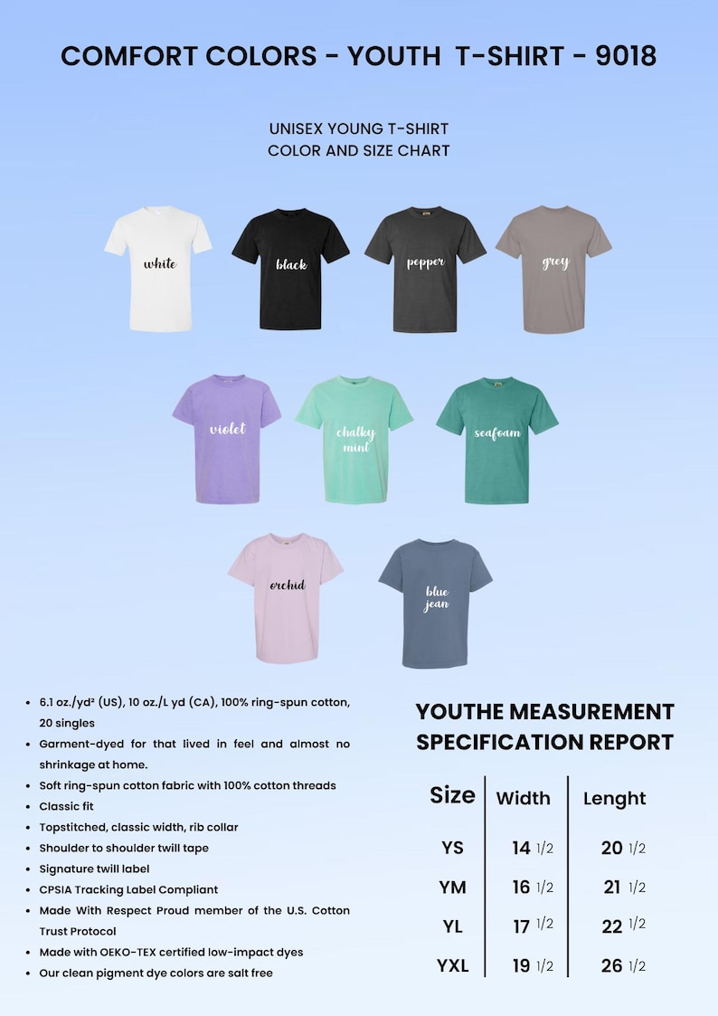 Puede incluir: Una tabla de colores para camisetas unisex para j&oacute;venes. La imagen muestra nueve camisetas en varios colores: blanco, negro, pimienta, gris, violeta, menta tiza, espuma de mar, orqu&iacute;dea y azul vaquero. La tabla incluye una gu&iacute;a de tallas y medidas.