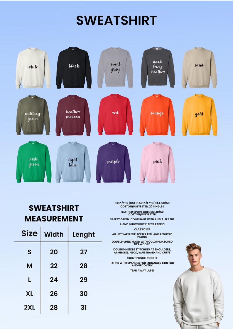 May include: A variety of sweatshirts in different colors, including white, black, and red. The image displays a size chart with measurements in inches. The text "SWEATSHIRT" is at the top.