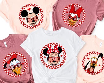 Disney Valentine’s Day Mickey Co Character Shirts, Mickey Minnie Donald Daisy Goofy Pluto Love Tee, Cute Heart Sunglasses Tee, Romantic Gift
