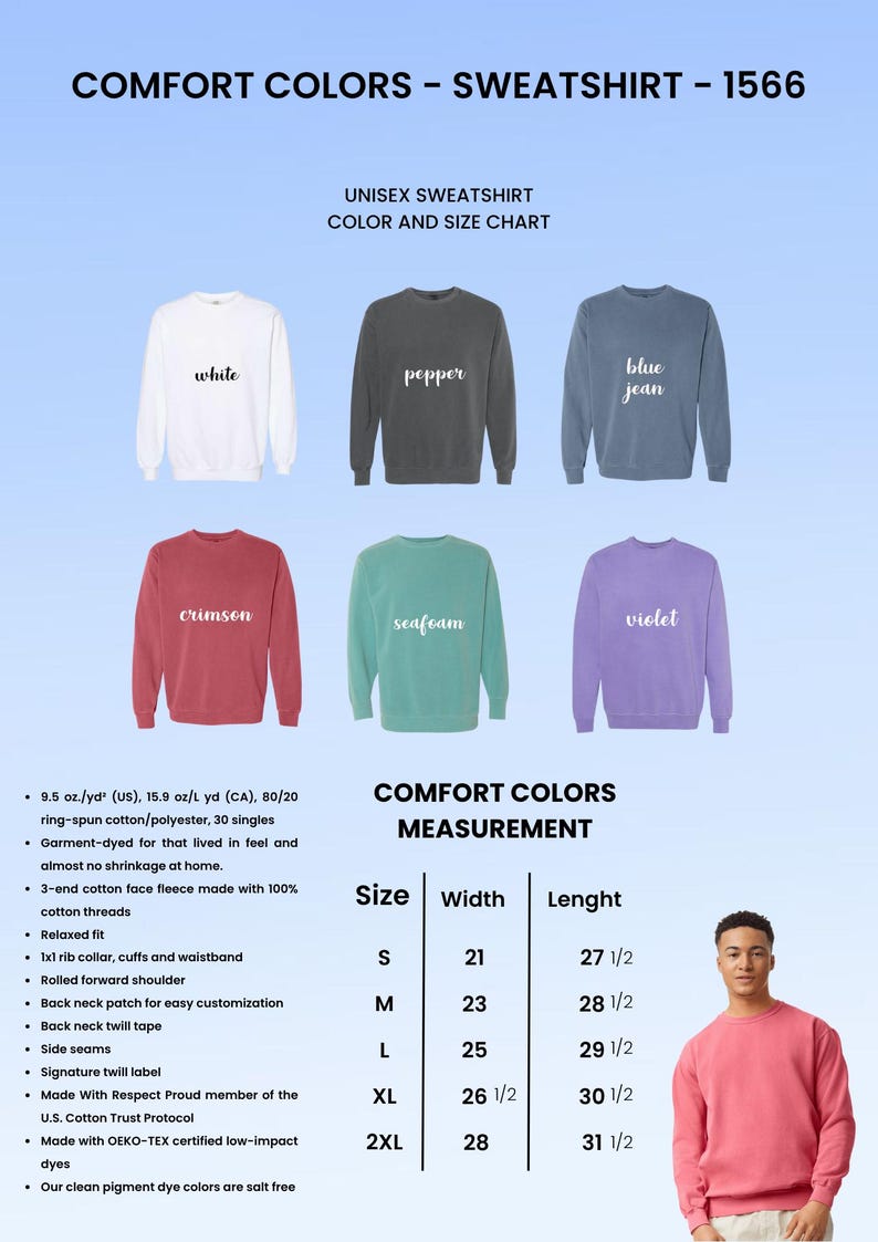 Puede incluir: Sudaderas unisex Comfort Colors en blanco, pimienta, azul vaquero, carmes&iacute;, espuma de mar y violeta. La imagen incluye una tabla de tallas con medidas en pulgadas y detalles sobre la tela y la confecci&oacute;n.