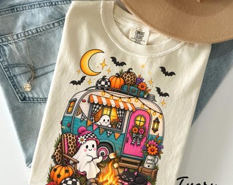 Comfort Colors Halloween Camping Shirt, Spooky Camper Tee, Cute Ghost Pumpkin Shirt, Cozy Fall Camping Shirt, Halloween Campfire Tee