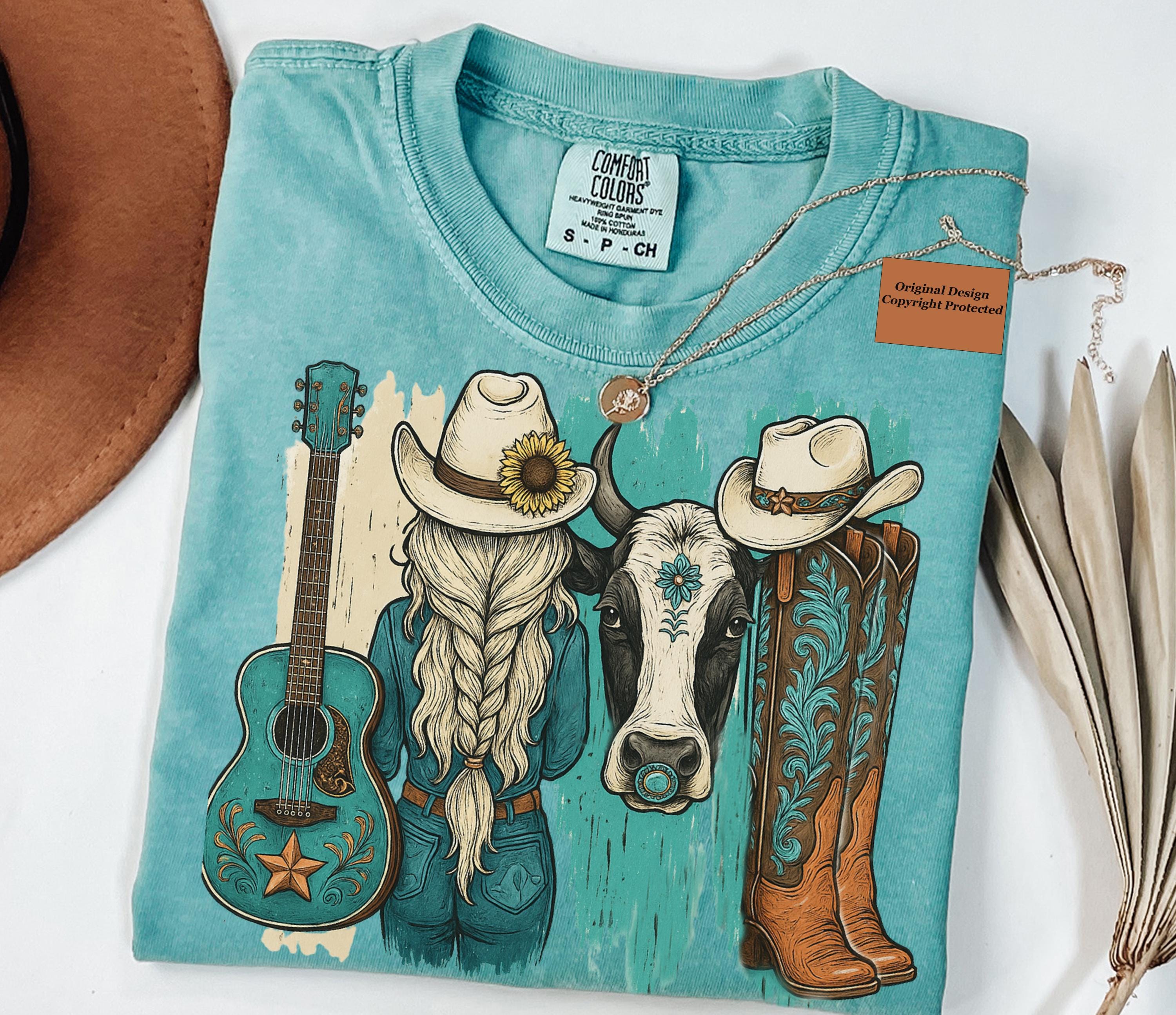 Retro Western Cowgirl T-shirt, Western Turquoise Shirts, Cowboy Boots Tee, Cowprint T-shirts, Sunflower, Country popular now, Western shirt
