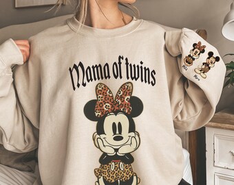 Mama of Twins Leopard Minnie Sweatshirt, Disney Mom Hoodie, Kids Names on Sleeve, Personalized Twin Mom Gift, Custom Est Year