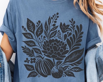 Linocut Flower Comfort Colors T-Shirt: Retro Botanical Print