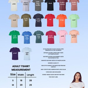 May include: A display of various unisex t-shirts in multiple colors, including white, black, and red. The image also shows a size chart with measurements in inches and fabric details. A woman wearing a white t-shirt is in the bottom right corner.