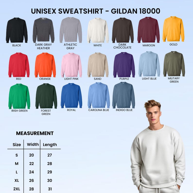 Op de afbeelding: Een display van Gildan 18000 unisex sweatshirts in diverse kleuren, waaronder zwart, rood en goud. De afbeelding bevat ook een maattabel met afmetingen in cm en een persoon die een witte sweatshirt draagt.