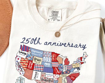 250th America Anniversary Shirt, Faux Patchwork USA Map Tee, Printed Patchwork Design Comfort Colors T-Shirt, Semiquincentennial 4th of July