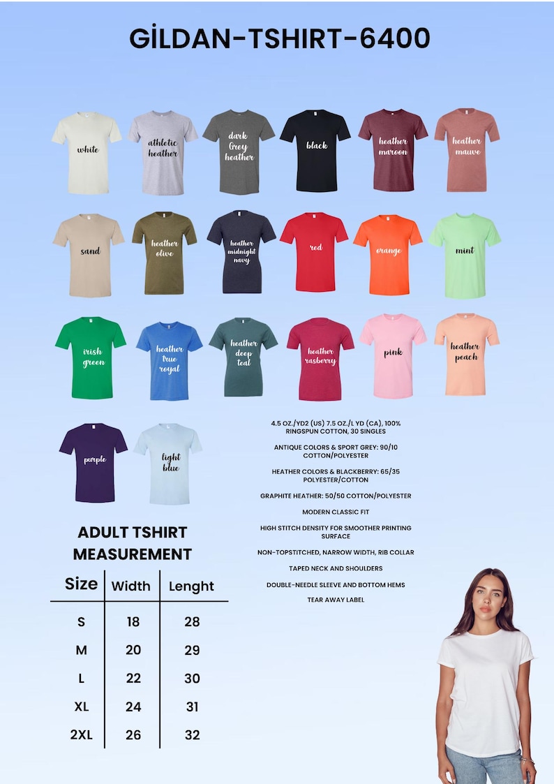 May include: A product image showcasing a variety of Gildan T-shirts in various colors, including white, black, and red. The image also displays a size chart with measurements in inches, and fabric details. A woman is wearing a white t-shirt.