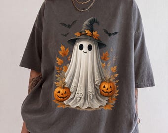 Cute Ghost Halloween Shirt, Spooky Season Tee, Witch Hat Ghost, Pumpkin Fall Shirt, Comfort Colors Graphic Tee