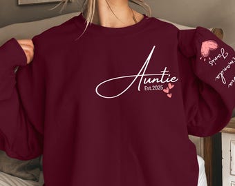 Sudadera personalizada para tía: nombres personalizados para sobrinos y sobrinas, revelación de embarazo