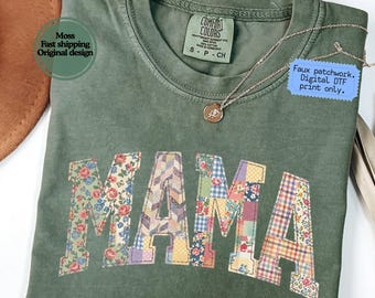 Comfort Colors Mama Shirt, Faux Patchwork Mama Tee, Floral Quilt Style Mom Shirt, DTF Print Vintage Mama Gift, Grandma Core Shirt
