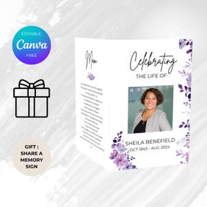 Modèle de programme d'obsèques canva modifiable pour femme, carte commémorative imprimable, brochure funéraire florale à deux volets