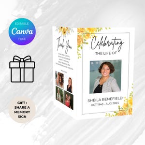 Plantilla editable de programa funerario con rosas amarillas, servicio conmemorativo con flores amarillas, programa de obituario, celebración de la vida