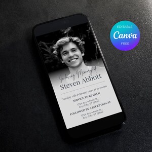 Faire-part modifiable pour les funérailles, modèle de nécrologie, faire-part commémoratif numérique, célébration de l'anniversaire de naissance, programme de funérailles, carte commémorative