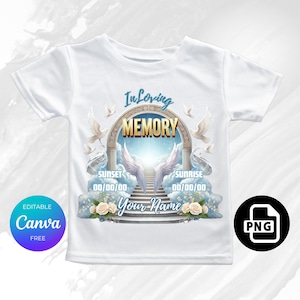 In Loving Memory canvassjabloon, Memorial shirtontwerp, Heaven Stairway, blauw en wit, Celebration of Life, RIP Memorial