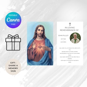 Modèle de carte de prière funéraire minimaliste, carte de prière commémorative imprimable, souvenir catholique modifiable, modèle de carte de célébration de la vie