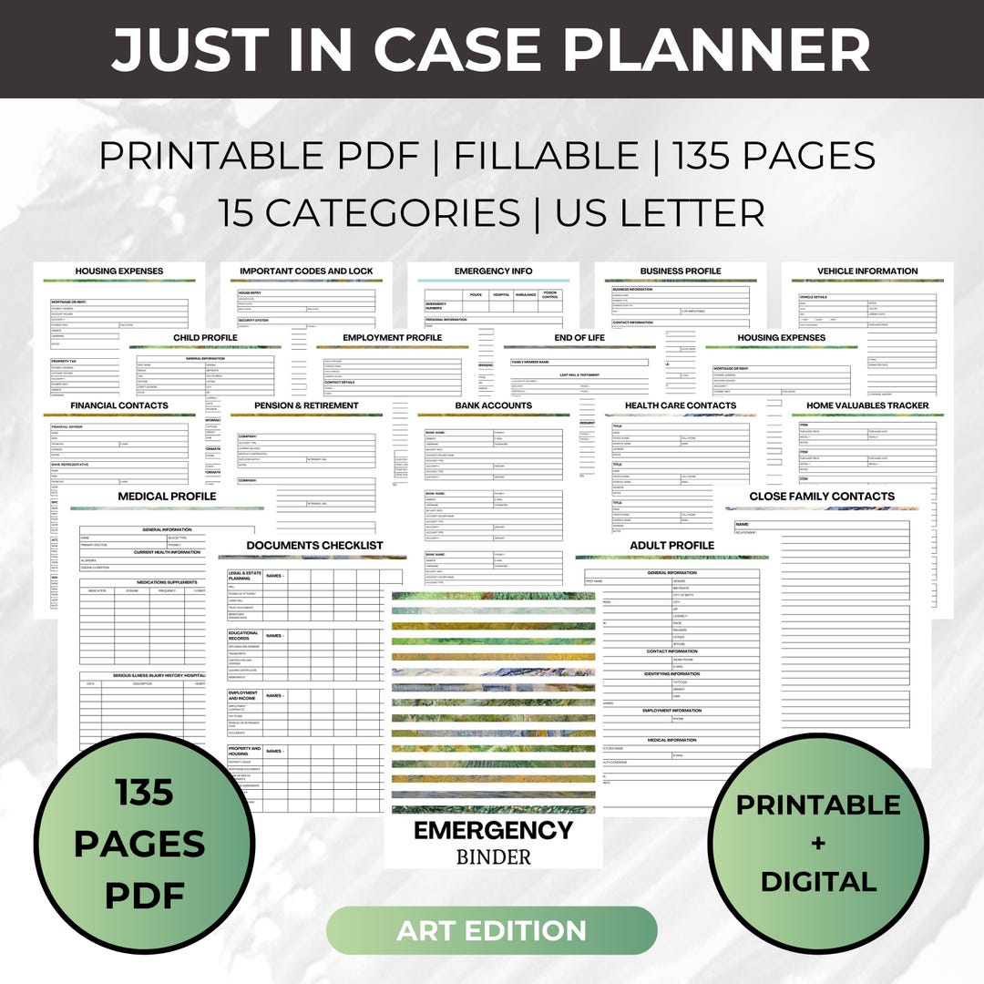 Editable PDF Emergency Binder, Artistic Just in Case Life Planner, End ...