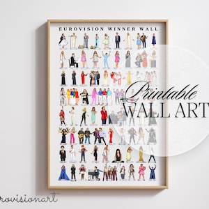 May include: A framed print titled "Eurovision Winner Wall" with illustrations of Eurovision Song Contest winners. The print includes the text "Printable WALL ART" and the artist's name, "Eurovisionart."