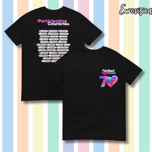 May include: Two black t-shirts with vibrant designs. One displays a list of "Participating Countries" with flags. The other has "United by Music" with a heart logo and the number 70.