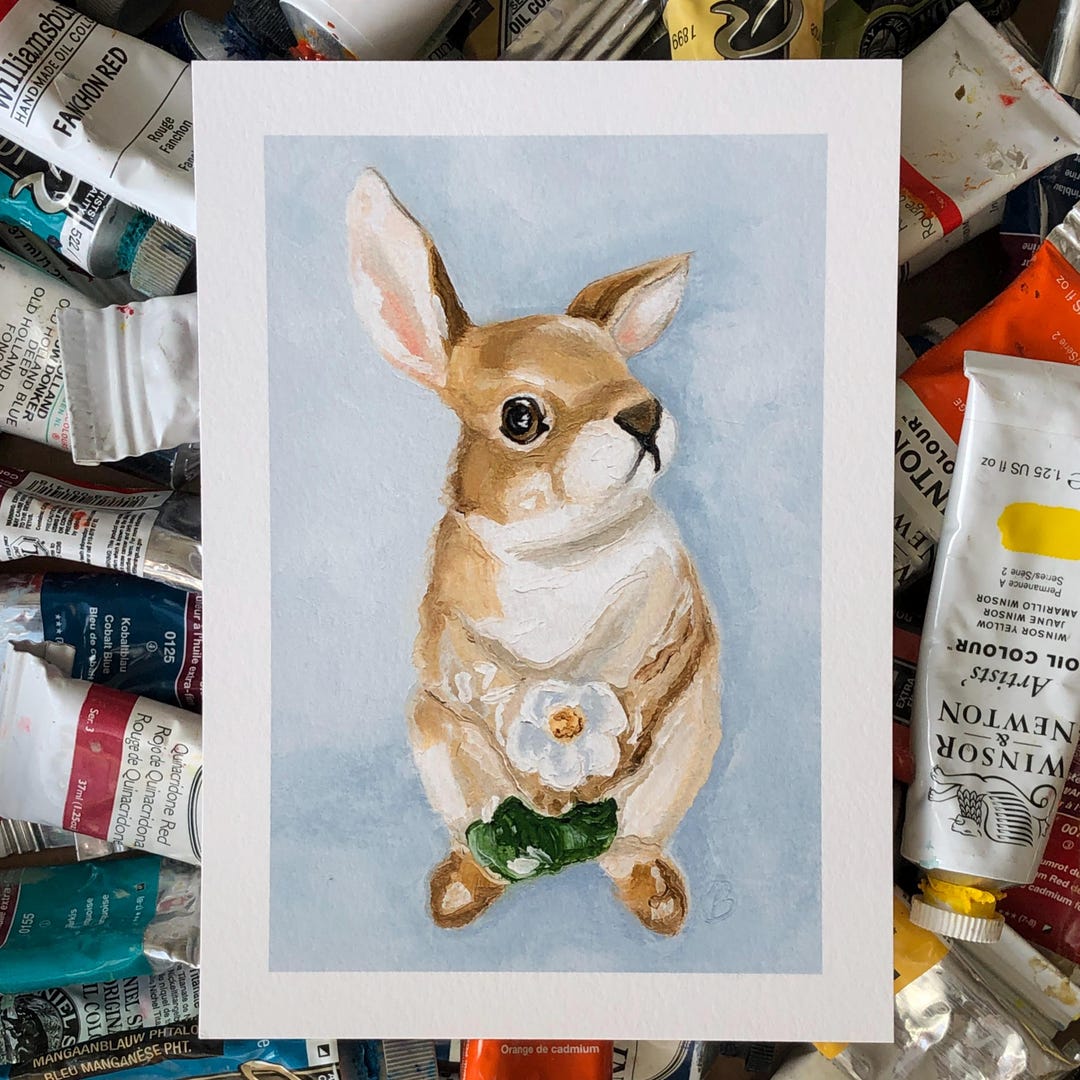 Adorable Bunny Holding A White Flower Oil Painting Giclée Print 5x7 ...
