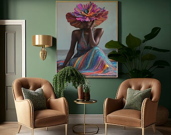 May include: Two brown leather armchairs with gold accents and green patterned pillows, a gold side table, and a large framed print of a woman wearing a colorful flower hat and dress against a green wall.