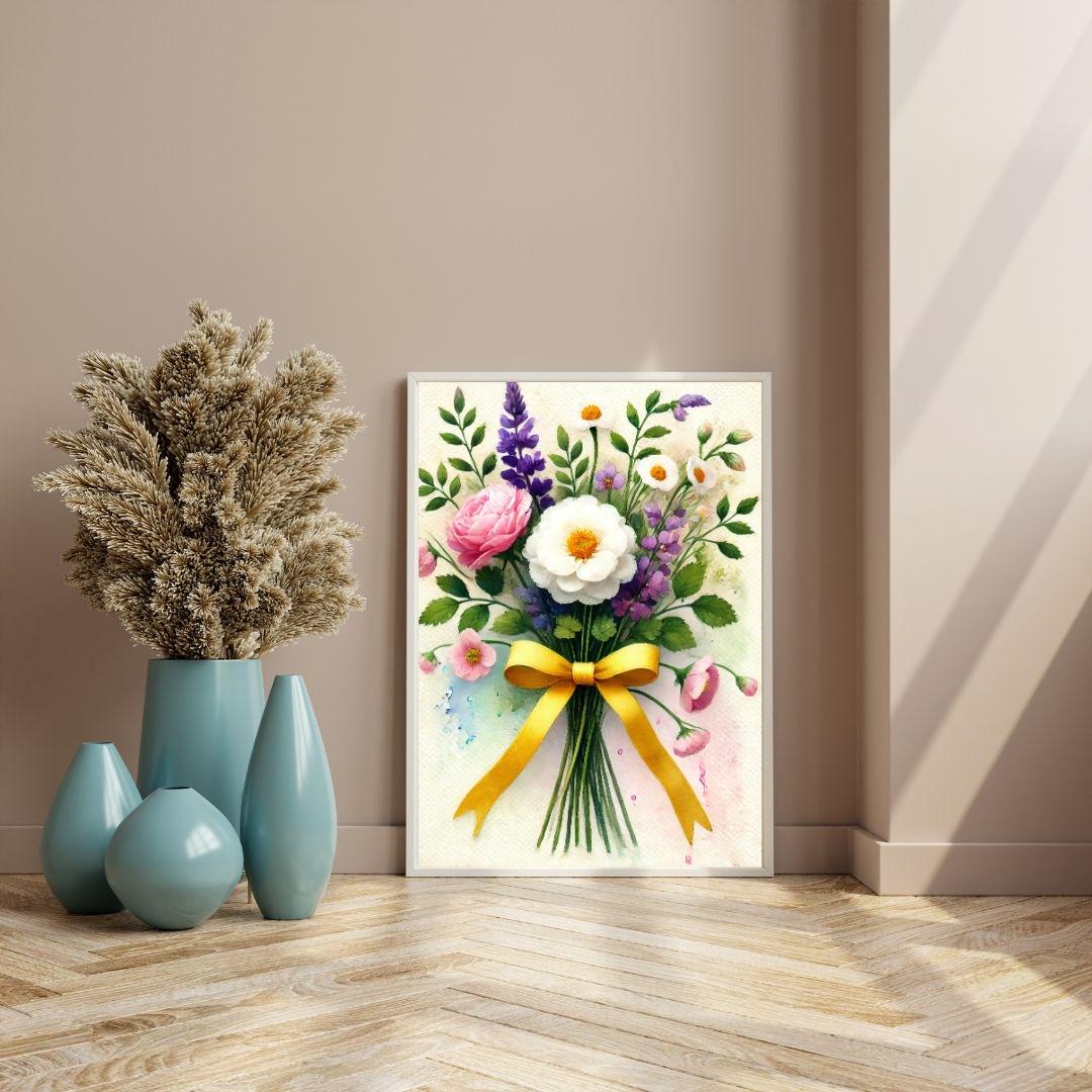 Bright Floral Bouquet Wall Art, Watercolor Flower Print With Yellow ...