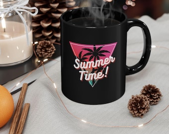 Summer Time Black Mug Retro Palm Tree Coffee Cup with Tropical Sunset Design, Perfect Gift for Beach Lovers and Vacation Vibes Black Mug