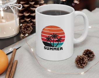 Retro Summer Palm Tree Mug Tropical Coffee Cup for Beach Lovers, Vacation Vibes, Aesthetic Gift Idea Ceramic Mug, (11oz, 15oz)