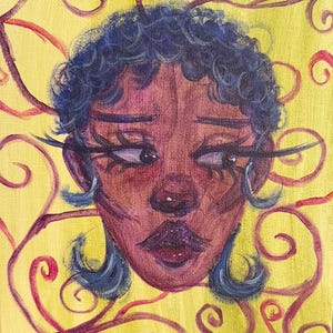 May include: A painted portrait of a person with dark skin, blue hair, and exaggerated features. The background is yellow with red and purple swirls. The person has dark purple lips and long eyelashes.