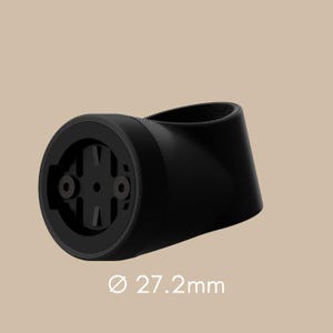 Peut inclure: Support de compteur de vélo noir, diamètre 27,2 mm. Le support a une base circulaire avec un design à quatre broches et deux trous de vis. Le corps est incurvé et incliné, avec une surface texturée.