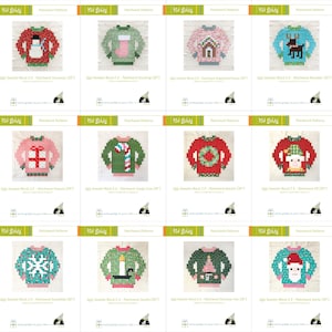 May include: A set of 12 printable patchwork patterns for ugly Christmas sweaters. Each pattern features a different design, including a snowman, stocking, gingerbread house, reindeer, present, candy cane, wreath, elf, snowflake, candle, Christmas tree, and Santa. The patterns are all 30 inches square.