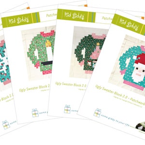Könnte beinhalten: Vier druckbare Patchwork-Muster für hässliche Weihnachtspullover. Die Muster zeigen eine Schneeflocke, einen Weihnachtsbaum, einen Weihnachtsmann und eine Kerze. Die Muster sind mit "Ugly Sweater Block 2.0 - Patchwork Santa (30")" betitelt.