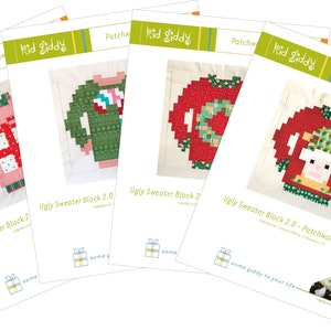 Könnte beinhalten: Vier druckbare Patchwork-Muster für hässliche Weihnachtspullover. Die Muster zeigen einen grünen Pullover mit einem Zuckerstangen, einen roten Pullover mit einem Kranz, einen rosa Pullover mit einem Geschenk und einen roten Pullover mit einem Elf.