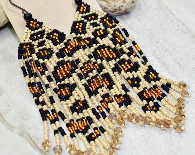 Dangle Earrings Boho Chic Handmade Gift under 75 Leopard Print Seed Bead Fringe Earrings Casual Earrings Gift for her Ready to ship