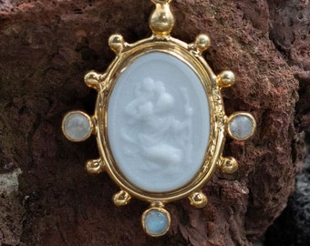 925 Sterling Silver St. Christopher Necklace Women, Custom Moonstone with Intaglio Glass Religious Necklace, Protection Jewelry