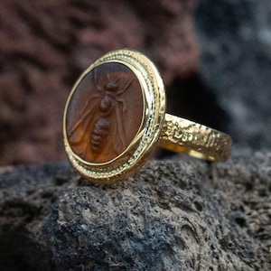 925 Sterling Silver Band, Handmade Bee Intaglio Signet Ring, Ancient Roman Coin Jewelry, Custom Greek İntaglio Signet Ring