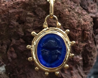 Handmade Blue Intaglio Glass Scarab Pendant, Custom Antique Intaglio Pendant, 925 Sterling Silver Egyptian Jewelry, Ancient Scarab Necklace