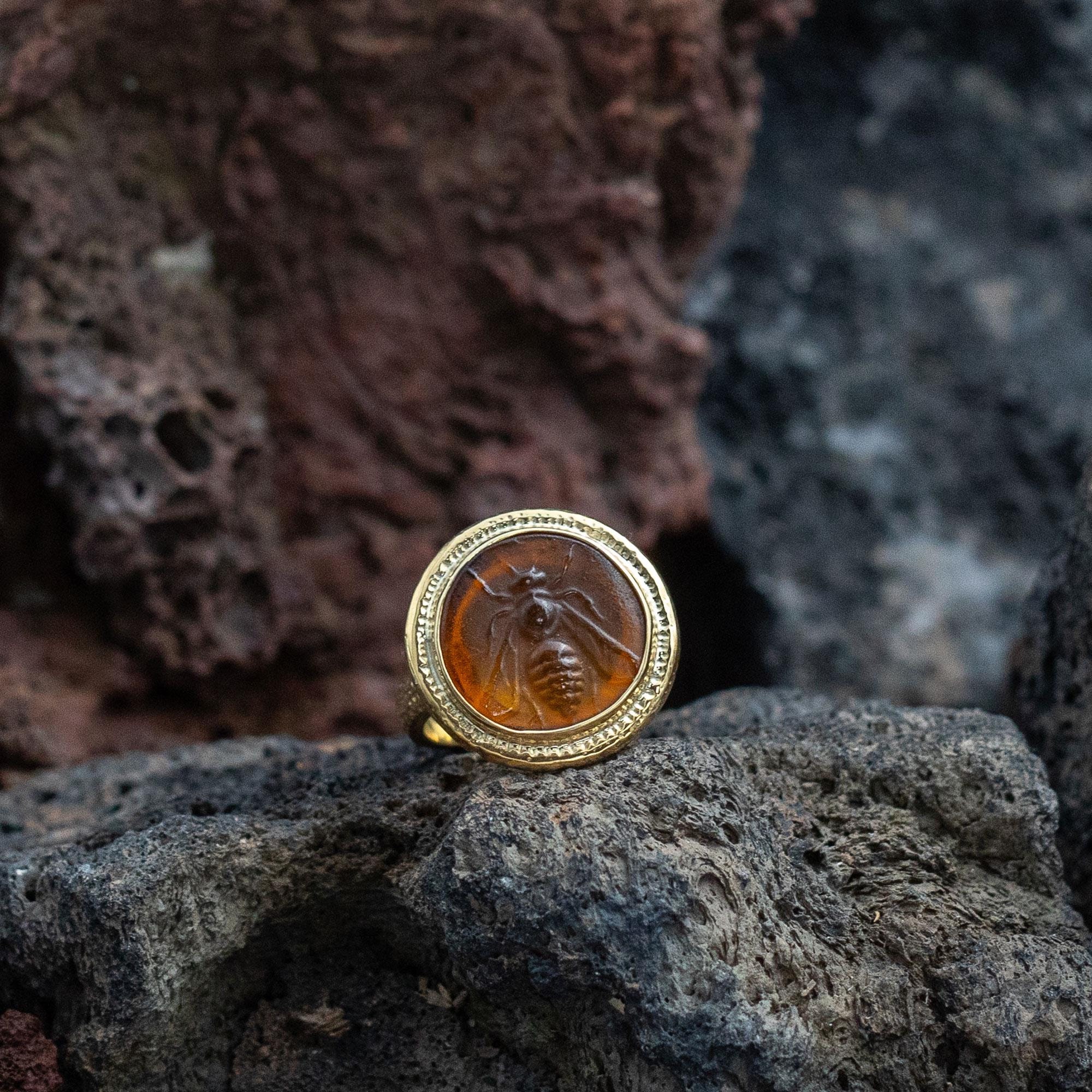 Handmade Bee Intaglio Signet Ring, 925 Sterling Silver Band, Ancient Roman Coin Jewelry, Custom Greek Statement Jewelry Gift for Men & Women